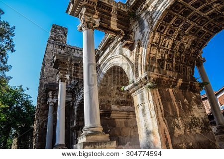 Adrian Gate, Antalya Landmark, Turkey. Antique Ancient Construction Of Marble And Limestone.