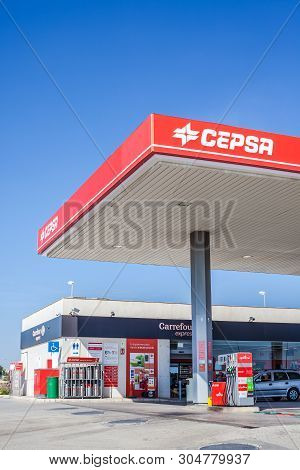 Valencia, Spain - February 19, 2019: Cepsa Gas Service Station Logo In Valencia, Spain On Clear Blue