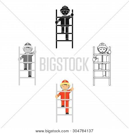Fireman Icon Cartoon, Black. Single Silhouette Fire Equipment Icon From The Big Fire Department Cart