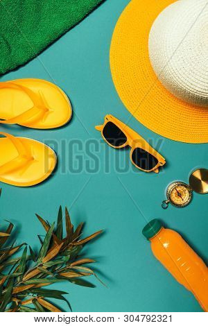 Travel Accessories To Enjoy Summertime Beach Holiday Vacation, Top View Flat Lay