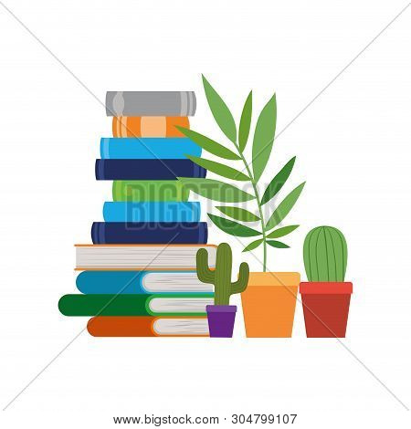 Stack Of Books With Houseplant On White Background Vector Illustration Design