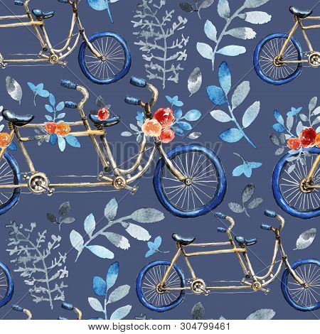 Seamless Pattern With Tandem Bicycle. Blue Weels. Bouquets Of Red Rose Flowers, Blue Leaves. Dark Ba