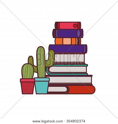 Stack Of Books With Houseplant On White Background Vector Illustration Design