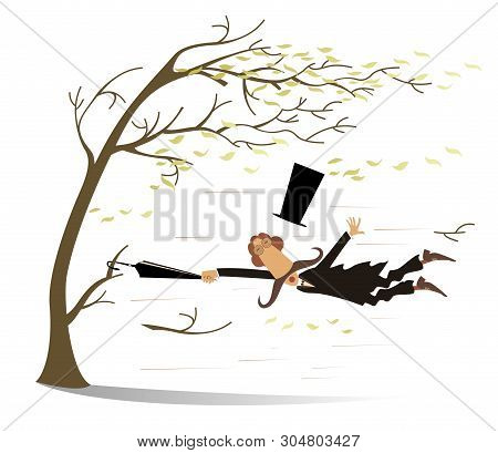 Strong Wind, Umbrella And Man Snatches Up A Tree Illustration. Strong Wind, Flying Leaves And Long M