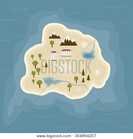 Cartoon Tropical Exotic Island In Ocean. Top View Island Sprite.