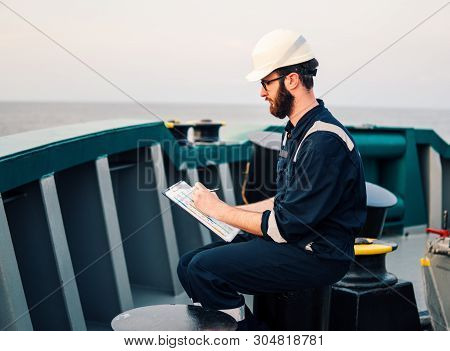 Deck Officer On Deck Of Offshore Vessel Or Ship