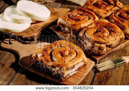 Cinnamon Rolls With Cheese Baked And Ready To Eat. Golfeados Typical Dessert In Venezuela.