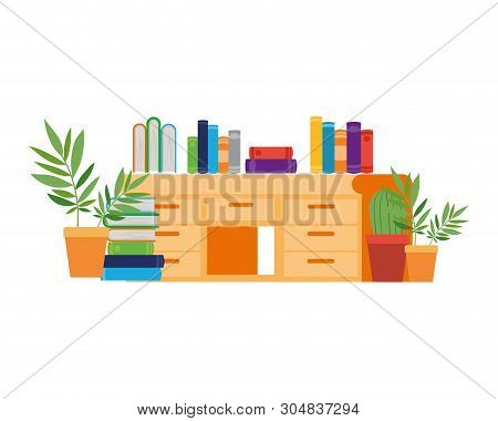 Desk With Stack Of Books On White Background Vector Illustration Design