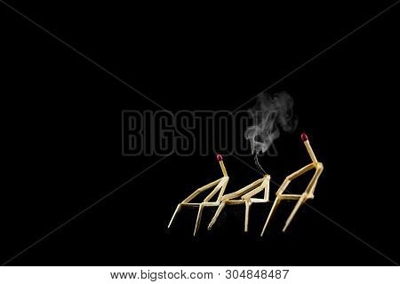 Image Of Matchsticks Isolated In The Dark And Fading, Hikikomori Concept, Social Isolation Syndrome,