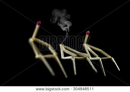Image Of Matchsticks Isolated In The Dark And Fading, Hikikomori Concept, Social Isolation Syndrome,
