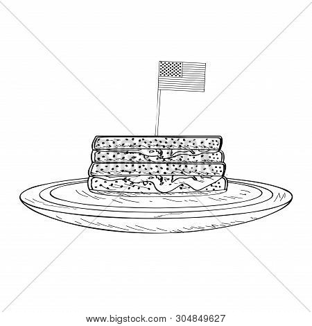 Peanut Butter Sandwich With The Flag Of United States. American Fast Food - Outline Vector