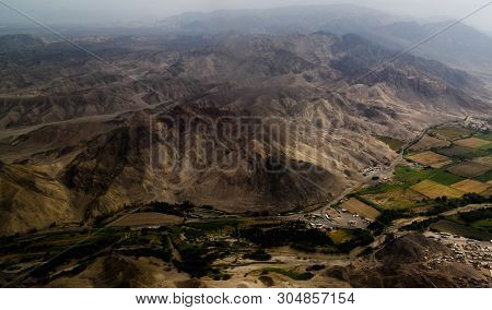 Aerial Airplane Panoramic View To Nazca Plateau With Geoglyph Lines , Ica Region, Peru