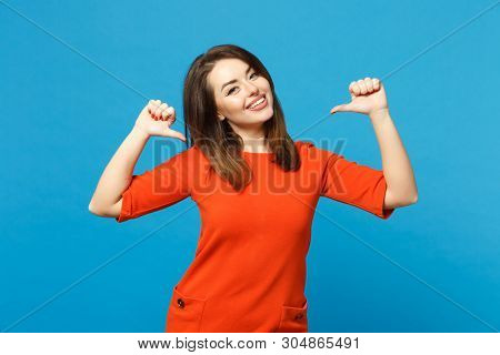Beautiful Confident Young Woman Wearing Red Dress Looking Camera Pointing Fingers On Herself Isolate