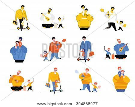 Set Of Illustrations Children Playing With Father. Ukulele And Drum, Amusement Park, Riding A Scoote