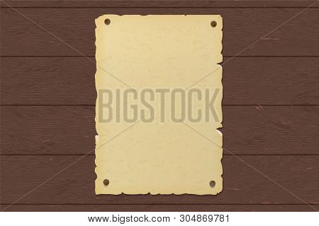 Old Ripped Brown Paper Poster Nailed To A Wooden Wall.