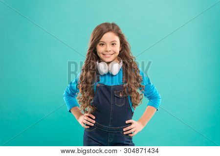 Audio Track. Schoolgirl Leisure. Online Education. Girl Adorable Child Listening Audio Course. Get M