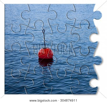 Build Your Security Step By Step - Concept Image, With Red Bouy On A Calm Lake, In Jigsaw Puzzle Sha