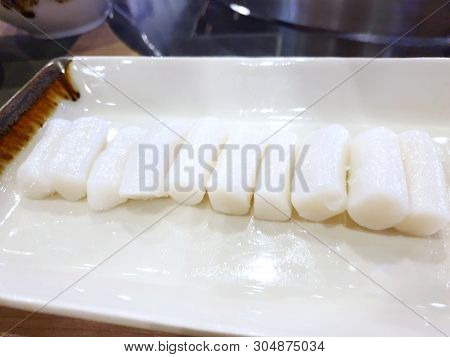 Korean Food Style, Top View Of Tokboki On White Plate In Restaurant, Ready For Cooking