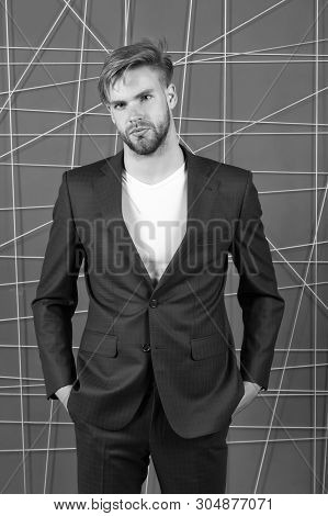 Man Well Groomed Manager Wear Elegant Formal Suit Pink Background. Manager Confident Wear Perfect Ou