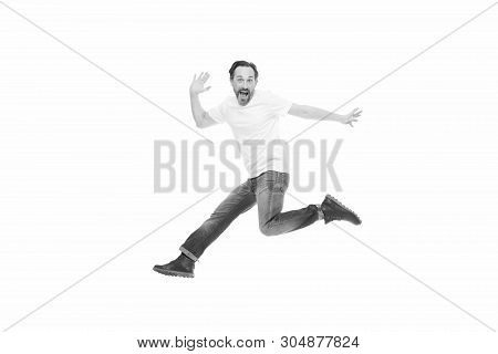 Explosion Of Positive Emotions. Man Excited Jumping. Mature Charismatic Speaker Excited To Inform. F