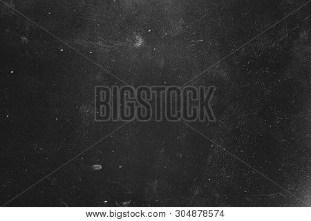 Dust And Scratches Design. Distressed Photo Editor Layer. Black Abstract Background. Copy Space.