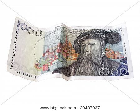 Svenske 1000 kroner closeup på hvid baggrund.