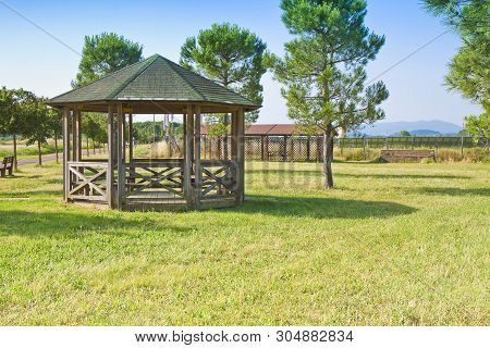 Covered Wooden Gazebos In A Italian Countyside (tuscany - Italy)