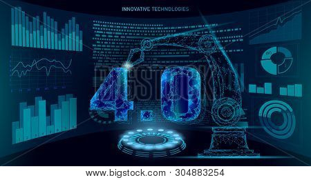 Low Poly Future Industrial Revolution Concept. Industry 4.0 Number Assembled By Robotic Arm. Online 