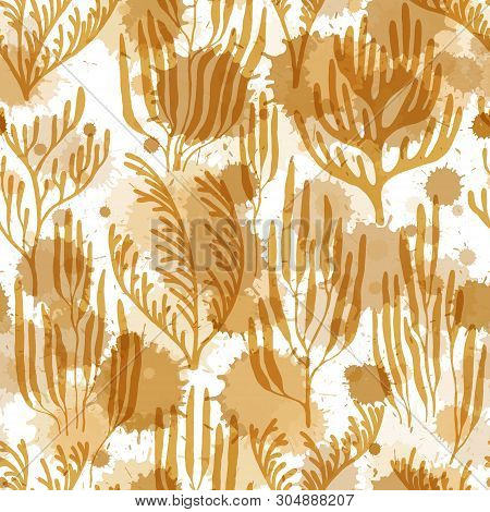 Coral Reef Seamless Pattern. Paint Splashes Drops Watercolor Background. Abstract Great Barrier Reef