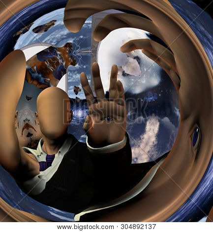 Surreal digital art. Faceless man with eye on a palm. Warped space. 3D rendering