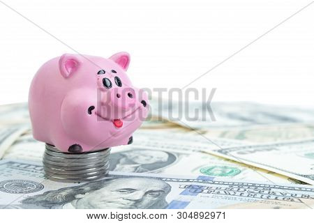 Pink Piggy Bank, Dollars On A White Background. Savings Concept, Fundraising. Coins