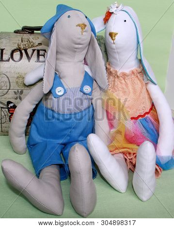 Krasnodar/russian Federation-16.09.2018. Tilda Doll: Boy In Blue Overalls And Girl In Orange Dress, 