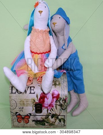Krasnodar/russian Federation-16.09.2018. Tilda Doll: Boy In Blue Overalls And Girl In Orange Dress, 