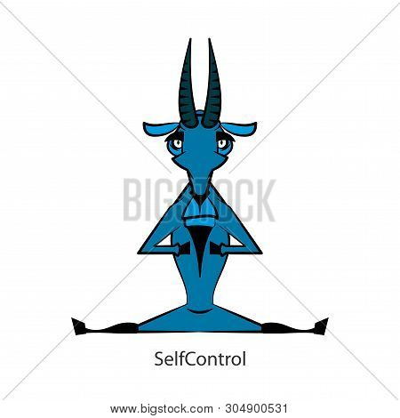 Cartoon Funny Farmer Or Mountain Character. A Cool, Serious, Focused Goat Sits On A String In A Medi