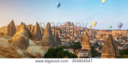 Hot air balloon flying over Cappadocia, Turkey