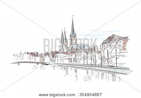 German Antient City View Vector Sketch Illustration