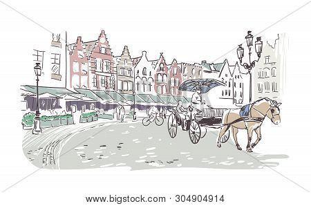 Antient City Center European Netherlands Vector Sketch Illustration