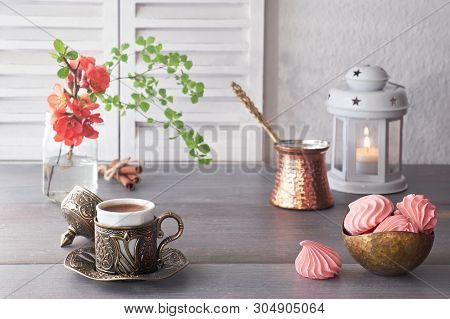 Oriental Coffee Cooked In Traditional Turkish Copper Coffee Pot And  Served In A Matching Cup