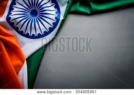 Top View Of National Flag Of India On Gray Background. Indian Independence Day.