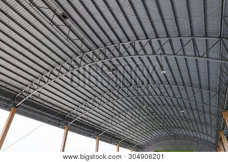Steel Roof Structure. Moonlight Bulb. Steel Roof Structure With Roof Tiles. Architectural Structure 
