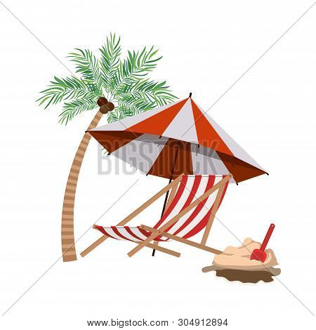 Palm Tree With Beach Umbrella Striped Vector Illustration Design