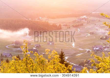 Jizerka Village At Sunset Time. View From Bukovec Mountain, Jizera Mountains, Czech Republic