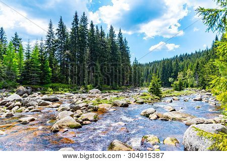 Jizera River Full Of Granite Rocks On Sunny Summer Day, Jizera Mountains, Czech Republic