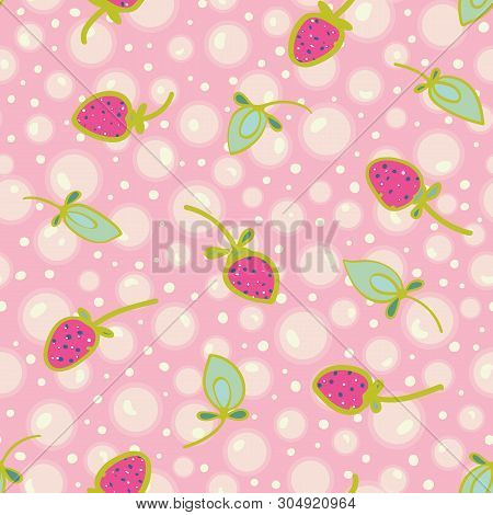 Pink Vector Repeat Pattern With White Soap Bubble, Dot And Strawberry. Kawaii. Japanese Comic Style.