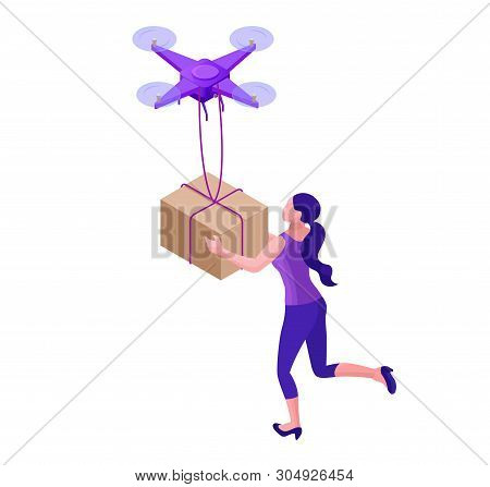Drone Delivering Parcel To Hipster Girl, Landing Page Template With Quadcopter, Concept Of Delivery,