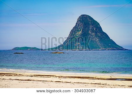 Seascape, Sea Coast And Island Bleiksoya In The Distance, Resort Bleik Andoya Norway. Vesteralen Arc