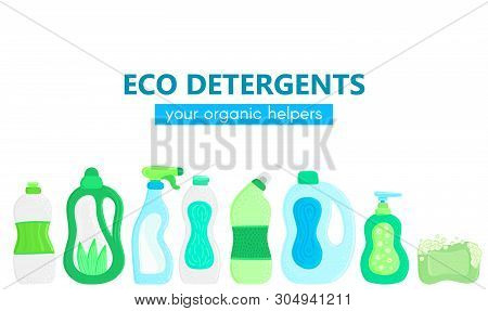 Vector Background With Eco Friendly Household Cleaning Supplies. Natural Detergents. Landing Page Te