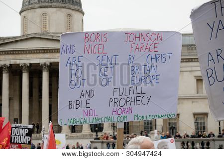 London, United Kingdom, June 4th 2019:- Pro Boris Johnson And Nigel Farage Placard Among The Anti Do