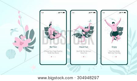 Doing Yoga Mobile App Onboard Screen Set. Vector Template For Yoga Related Applications. Modern Duot
