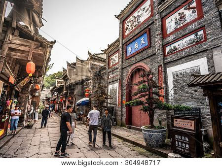 2 June 2019, Fenghuang China : Old Street View In Phoenix Ancient Town With Entrance Of Tianhou Pala